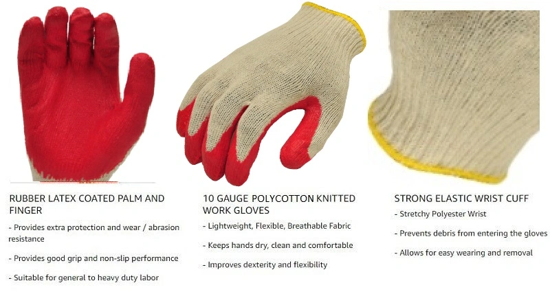 Knitted White Cotton Gloves Red Latex Rubber Coated Safety Work Gloves for Construction